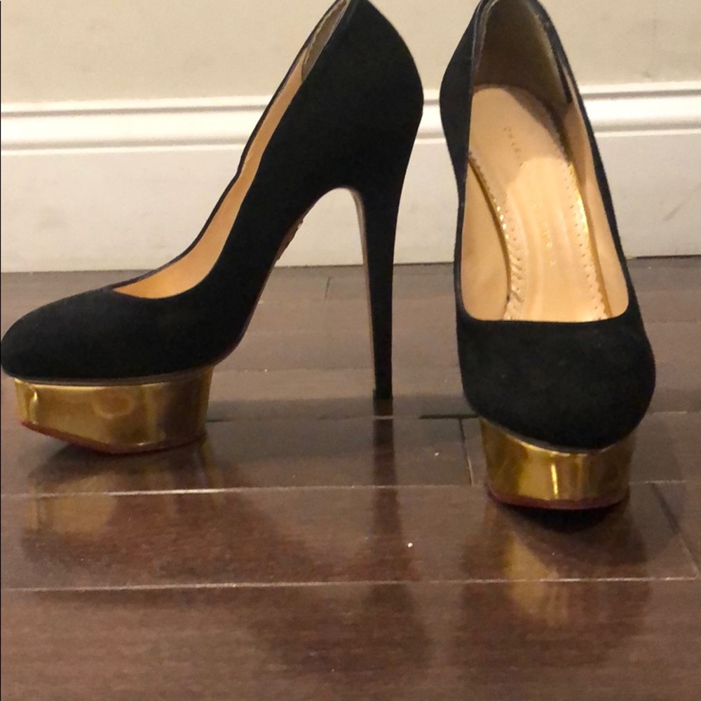 Charlotte Olympia platform gold black suede pumps